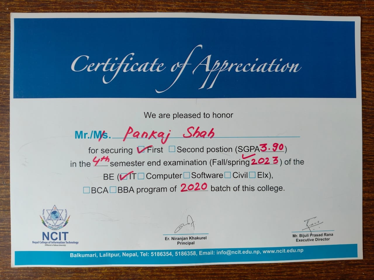 4th Semester Class Topper