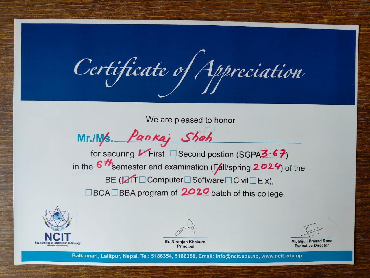 6th Semester Top Certificate