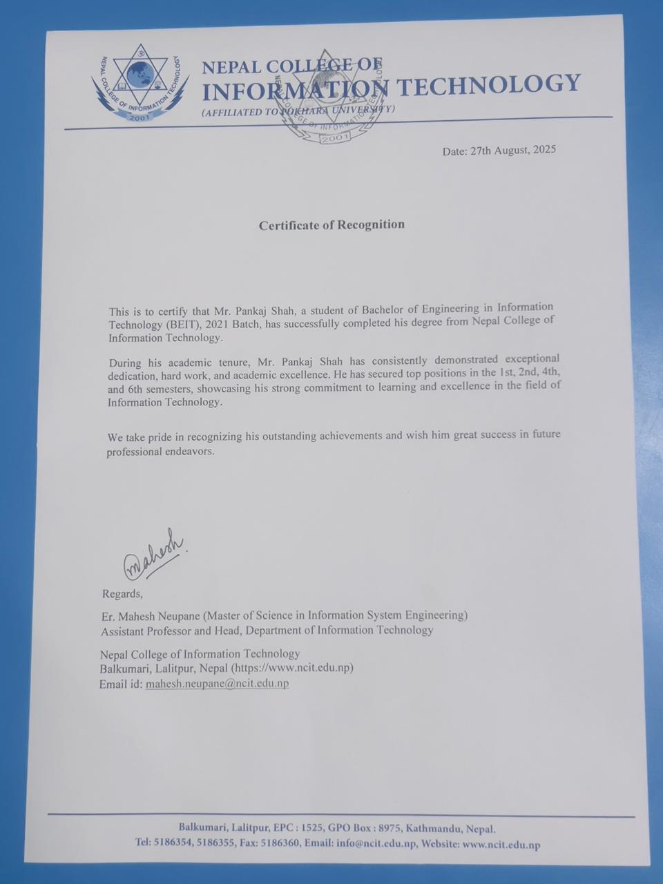 Class Topper College Recognition